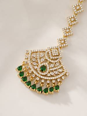Mehendi gold oxidsed plated green american diamond maang tikka 4