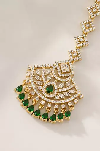 Mehendi gold oxidsed plated green american diamond maang tikka