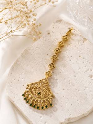 Mehendi gold oxidsed plated green american diamond maang tikka 5