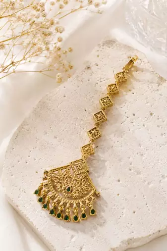 Mehendi gold oxidsed plated green american diamond maang tikka