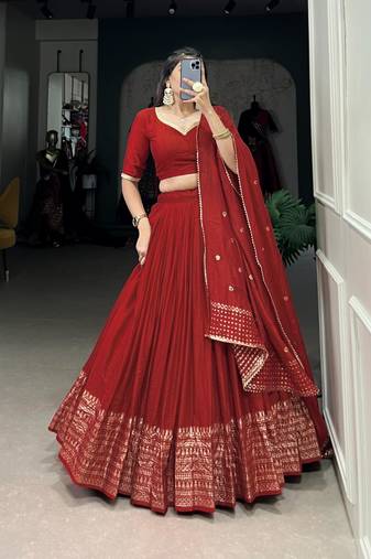 red chanderi woven traditional lehenga choli