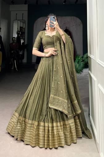 olive chanderi woven traditional lehenga choli