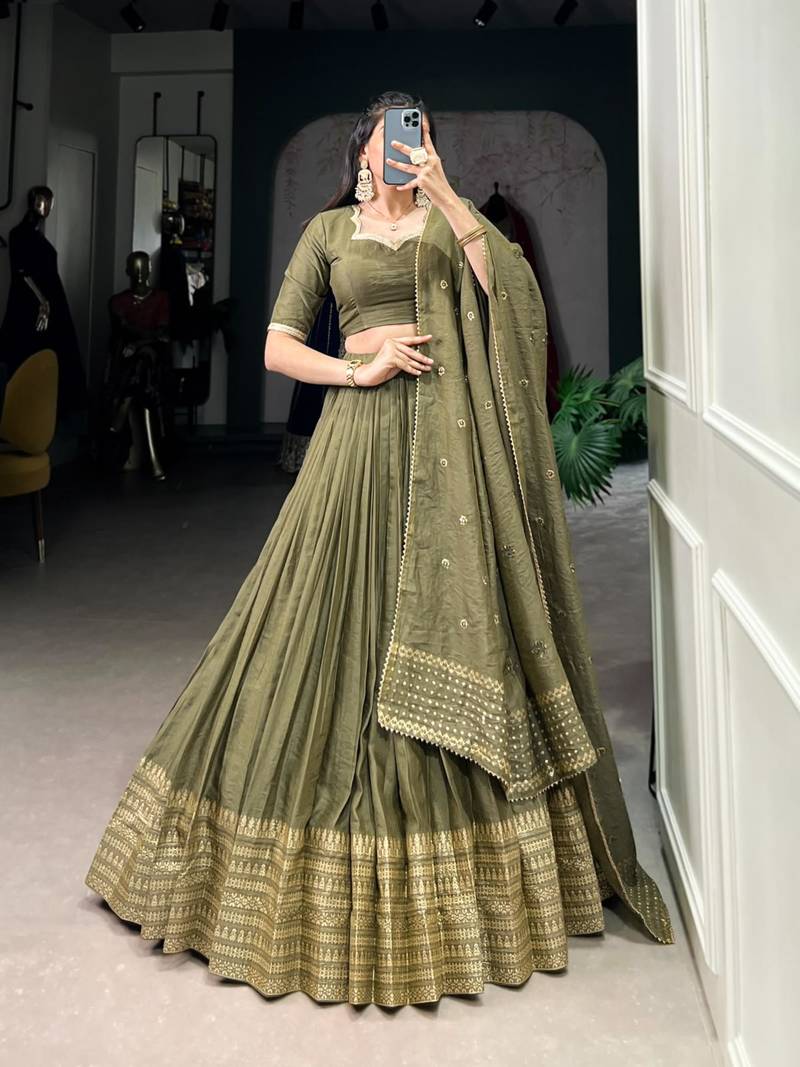 olive chanderi woven traditional lehenga choli