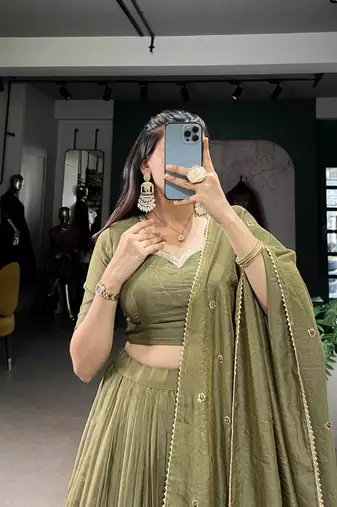 olive chanderi woven traditional lehenga choli