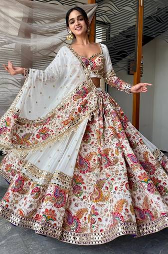 white faux georgette printed traditional lehenga choli