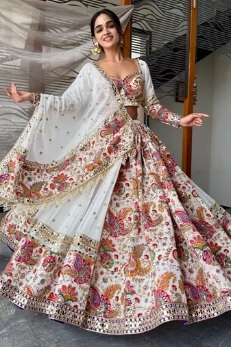 white faux georgette printed traditional lehenga choli