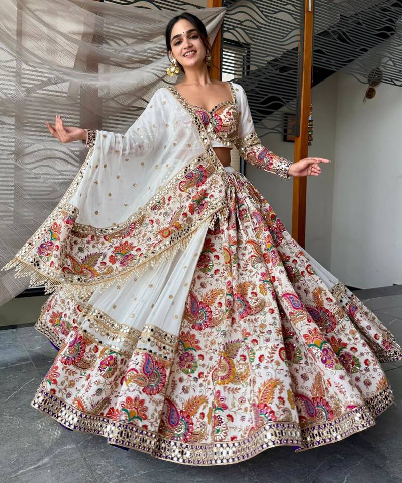 white faux georgette printed traditional lehenga choli
