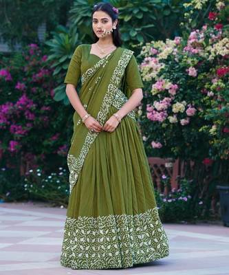 olive chanderi printed traditional lehenga choli 1