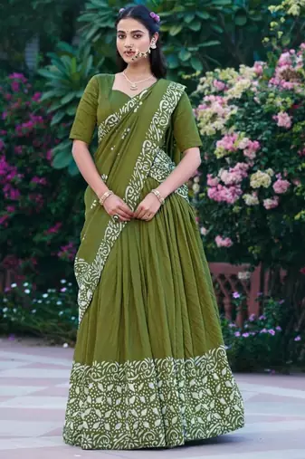 olive chanderi printed traditional lehenga choli