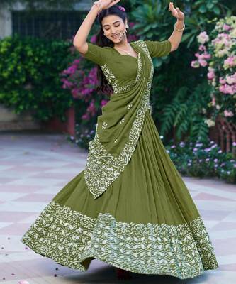 olive chanderi printed traditional lehenga choli 2