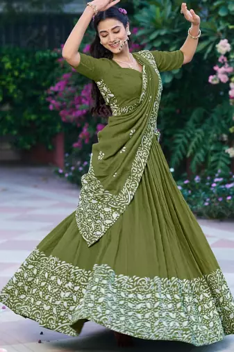 olive chanderi printed traditional lehenga choli