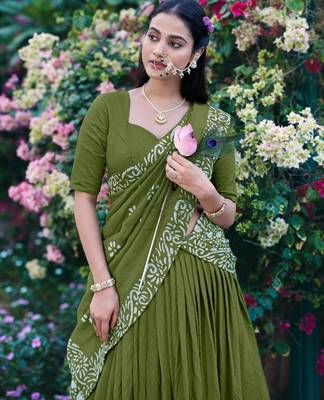olive chanderi printed traditional lehenga choli 3
