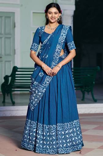 blue chanderi printed traditional lehenga choli