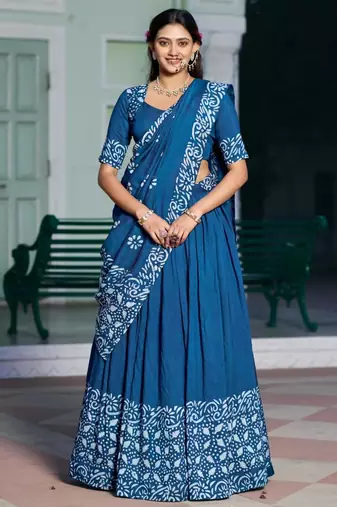 blue chanderi printed traditional lehenga choli