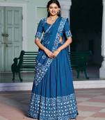 blue chanderi printed traditional lehenga choli