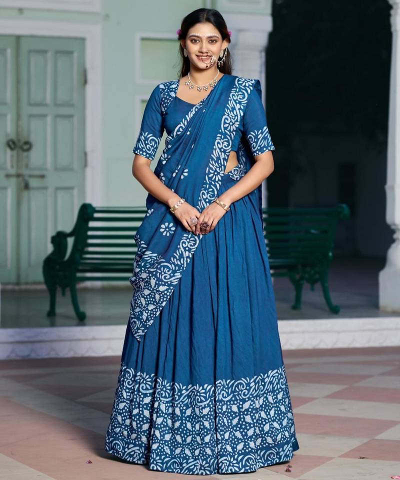blue chanderi printed traditional lehenga choli