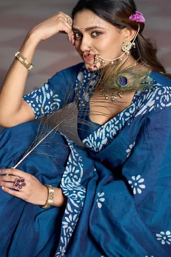 blue chanderi printed traditional lehenga choli
