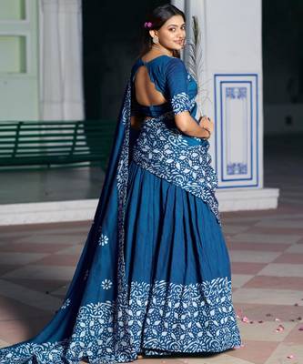 blue chanderi printed traditional lehenga choli 3