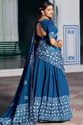 blue chanderi printed traditional lehenga choli