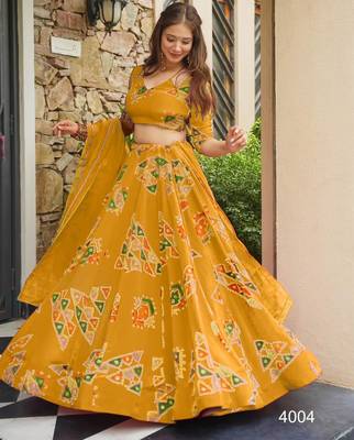 dark yellow crepe printed traditional lehenga choli with free size upto 44 1