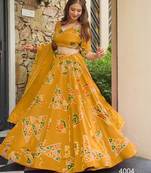 dark yellow crepe printed traditional lehenga choli with free size upto 44