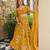dark yellow crepe printed traditional lehenga choli with free size upto 44