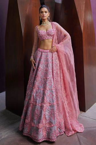 pink silk blend embroidered traditional lehenga choli