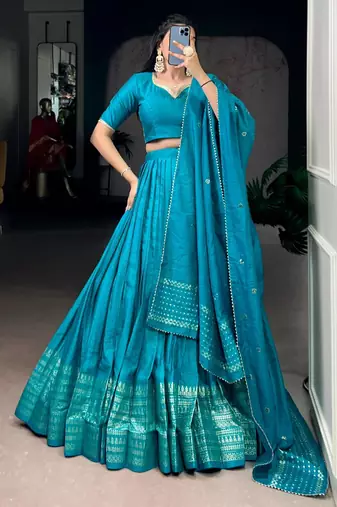teal blue chanderi woven traditional lehenga choli
