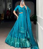 teal blue chanderi woven traditional lehenga choli