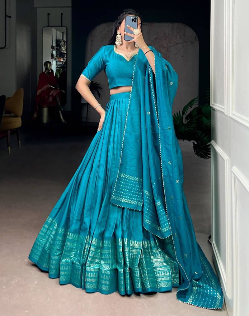 teal blue chanderi woven traditional lehenga choli