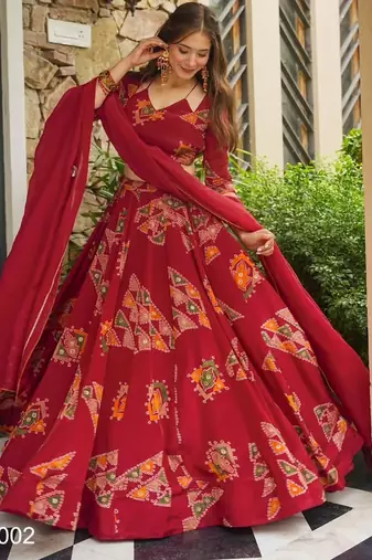 maroon crepe printed traditional lehenga choli with free size upto 44