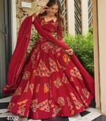 maroon crepe printed traditional lehenga choli with free size upto 44