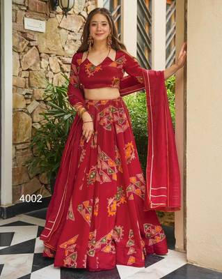 maroon crepe printed traditional lehenga choli with free size upto 44 2