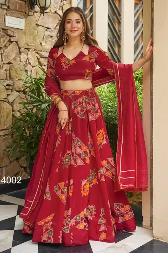 maroon crepe printed traditional lehenga choli with free size upto 44
