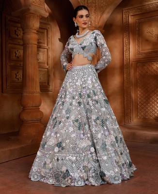 light grey net embroidered traditional lehenga choli 1