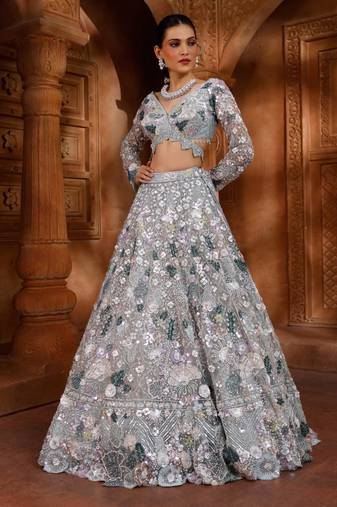 light grey net embroidered traditional lehenga choli