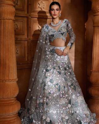 light grey net embroidered traditional lehenga choli 2