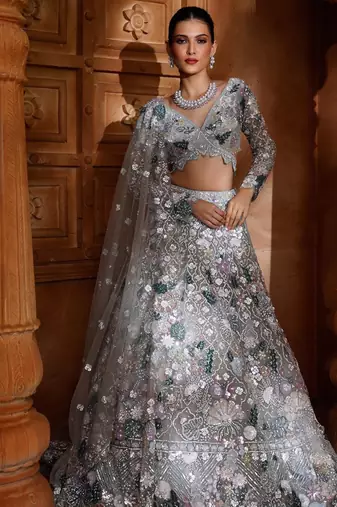 light grey net embroidered traditional lehenga choli