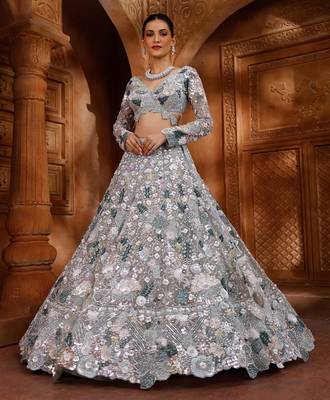 light grey net embroidered traditional lehenga choli 3
