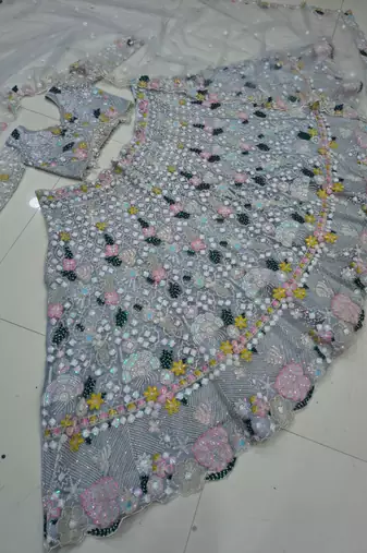 light grey net embroidered traditional lehenga choli