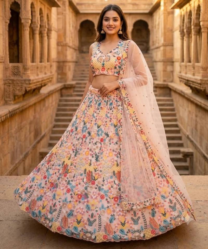 light pink net embroidered traditional lehenga choli