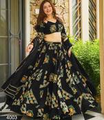 black silk blend printed traditional lehenga choli with free size upto 44