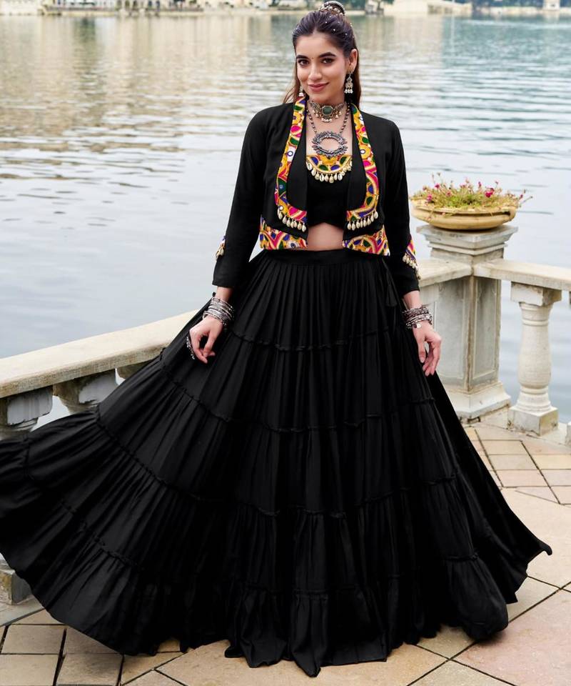 black rayon plain traditional lehenga choli with free size upto 42