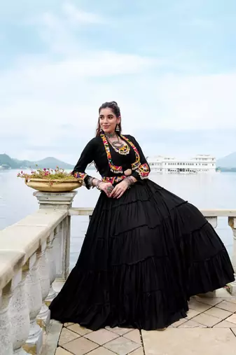 black rayon plain traditional lehenga choli with free size upto 42