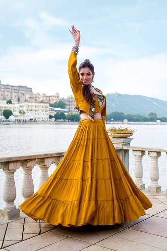 mustard rayon plain traditional lehenga choli with free size upto 42