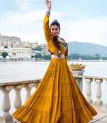 mustard rayon plain traditional lehenga choli with free size upto 42