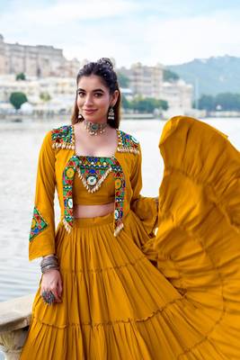 mustard rayon plain traditional lehenga choli with free size upto 42 2
