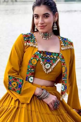 mustard rayon plain traditional lehenga choli with free size upto 42
