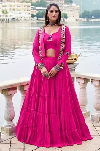 hot pink rayon plain traditional lehenga choli with free size upto 42