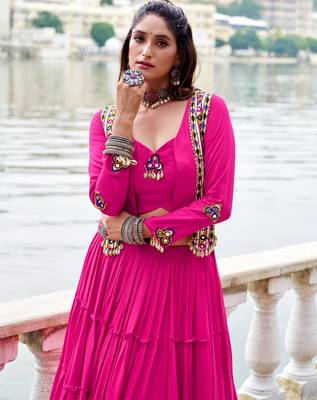 hot pink rayon plain traditional lehenga choli with free size upto 42 2